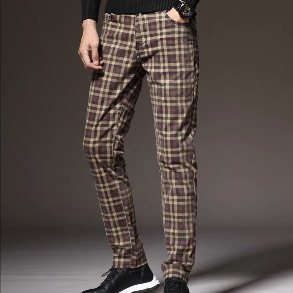 #R28 NEW Men’s Brown Plaid Slim Fit Pants